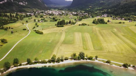 Scenic-mountain-landscape-Aerial-view-Bohinj-lake-Slovenia-European-travel-destination-alps-mountains