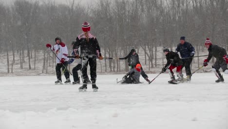 Totale-Aufnahme-Einer-Großen-Gruppe-Von-Erwachsenen-Und-Kindern,-Die-Teichhockey-Spielen