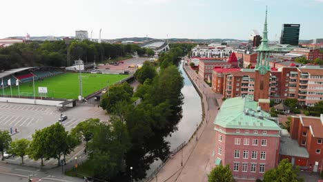 Aerial-view-over-the-soccer-field-called-Valhalla-IP-in-Gothenburg,-Sweden