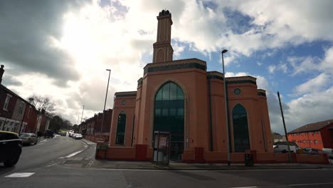 Aerial-view-of-Gilani-Noor-Mosque-in-Longton,-Stoke-on-Trent,-Staffordshire,-the-new-Mosque-being-built-for-the-growing-muslim-community