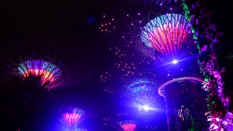 Vista-Nocturna-Del-Paisaje-Del-Jardín-De-Singapur-Junto-Al-árbol-Grande-De-La-Bahía-En-La-Noche-Con-Iluminación-Ligera-En-El-árbol-Gigante