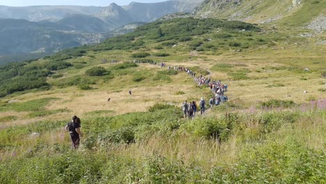 Grupo-De-Montañeros-Caminando-Por-El-Exuberante-Sendero-De-La-Montaña-Rila-En-Bulgaria-Con-Buen-Tiempo---ángulo-Alto,-Toma-Amplia