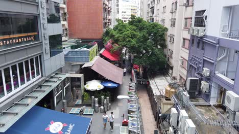 Street-market-with-no-people-during-Hong-Kong-Covid-19-pandemic,-Aerial-view