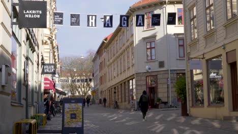 People-walking-or-riding-bicycles-in-Haga,-Gothenburg,-Sweden,-wide-shot