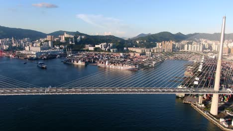 Hong-Kong-bay-Stonecutters-bridge-and-commercial-port,-Aerial-view