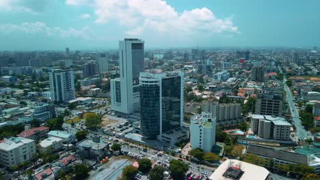 Victoria-Island-Lagos,-Nigeria---24-June-2021:-Drone-view-of-major-roads-and-traffic-in-Victoria-Island-Lagos-showing-the-cityscape,-offices-and-residential-buildings