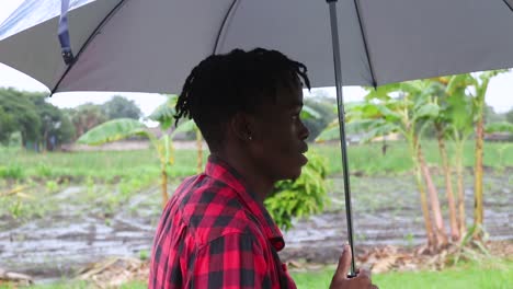 Close-up-shot-of-a-young-dark-complexion-man-walking-in-the-rain-with-a-umbrella-on-a-cloudy-day-at-Harare,-Zimbabwe