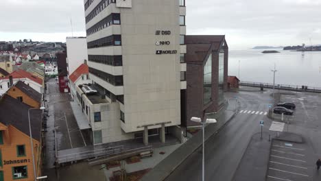 Main-office-building-of-Norled-and-NHO-in-Stavanger-with-city-and-fjord-in-background---Norled-is-one-of-Norways-largest-ferry-and-shipping-companies---Upward-moving-aerial