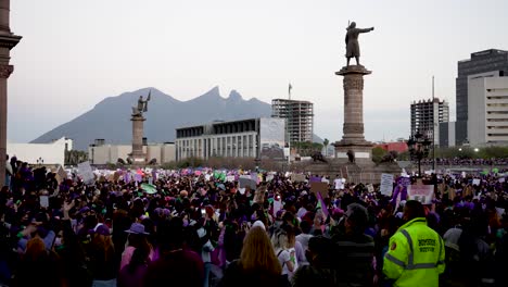 Monterrey,-Mexico---March-8th-2022:-Women-protestors-marching-against-violence-on-international-women´s-day-in-front-of-Government-palace-of-Nuevo-León-on-Macroplaza