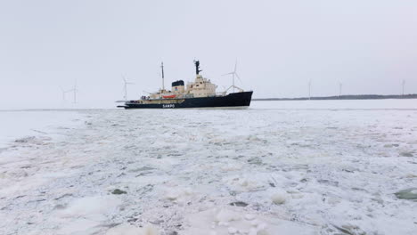 Forward-Aerial-View-Of-The-Frozen-Seascape-Of-Bothnia-Gulf-And-Inactive-Icebreaker-During-Winter