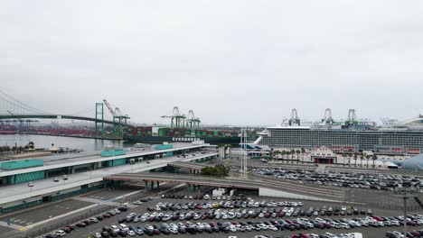 Aerial-view-revealing-the-Los-Angeles-World-Cruise-Center,-at-the-port-of-LA,-in-cloudy,-USA---Ascending,-drone-shot