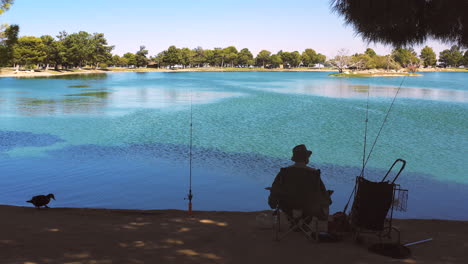 Fisherman-in-silhouette-waiting-patiently-by-fishing-rod-at-blue-lake-with-duck