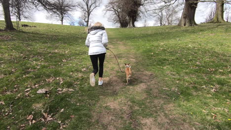 Blonde-Hübsche-Frau-Rennt-Mit-Hund-Den-Hügel-Hinauf