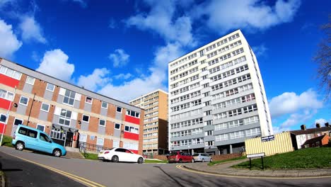 High-rise-tower-blocks,-flats-built-in-the-city-of-Stoke-on-Trent-to-accommodate-the-increasing-population,-housing-crisis-and-over-crowding,-immigration