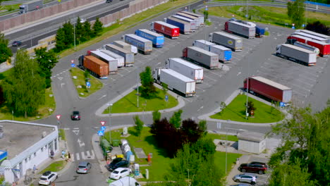 Truck-stop-and-petrol-station-on-highway,-aerial-view,-A1-higway-near-Celje,-Slovenia