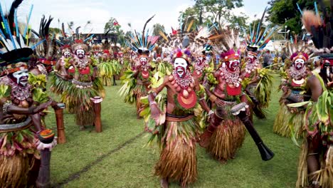 Warrior-women-in-traditional-costume-dance-at-cultural-event,-slow-motion