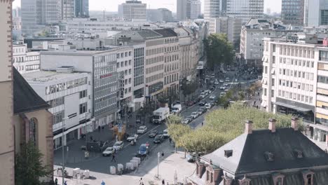 Aerial-view-of-traffic-near-Hauptwache,-Zeil,-Centre,-Katharinenkirche,-Frankfurt,-Hessen,-Germany