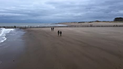 Aerial-footage-of-hikers-along-the-beach-of-the-Zeeland-coast-in-the-Netherlands