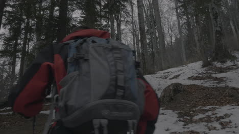 Un-Hombre-Escalando-Una-Montaña-De-Invierno-Con-Un-Palo