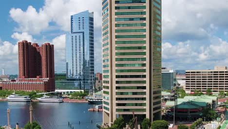 Skyscrapers-of-the-Inner-Harbor,-on-a-sunny-august-day-during-covid19-pandemic