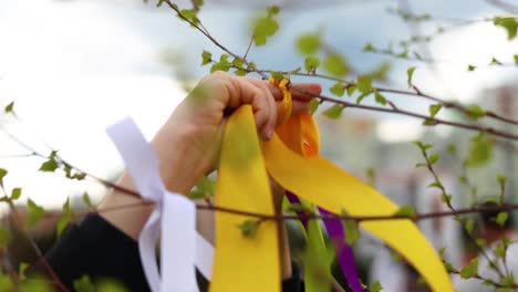 Women-With-Folk-Costume-Ties-Color-Band-On-Tree,-Traditional-Culture,-Close-Up