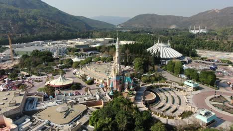 Disneyland-Hong-Kong-empty-and-closed-for-visitors-due-to-covid19-lockdown-guidelines,-Aerial-view