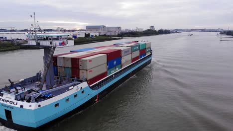 Aerial-Across-Starboard-And-Stern-View-Of-Tripoli-Cargo-Vessel-Along-Oude-Maas