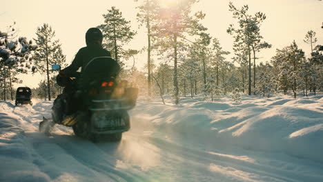 Motos-De-Nieve-Desde-Atrás-En-Un-Soleado-Día-De-Invierno-En-Un-Bosque-Nevado