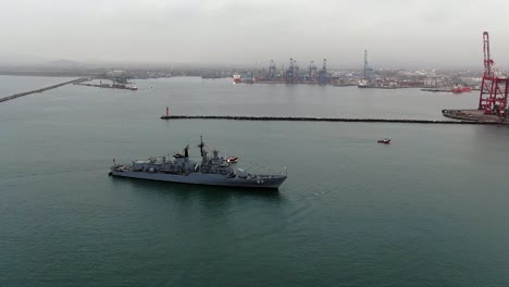 Aerial-View-Of-BAP-Coronel-Bolognesi-On-The-Callao-Harbor-Near-Container-Terminal-In-Peru