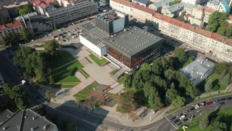 Antena:-Revelar-Toma-Del-Teatro-Nacional-De-Ópera-Y-Ballet-De-Lituania-Entre-Edificios-De-Arquitectura-De-Estilo-Soviético