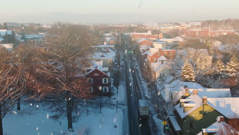 AERIAL-Over-Borough-Of-Lititz,-Lancaster-County,-USA-During-Snowfall