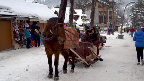 Famosos-Carruajes-De-Caballos-Polacos-En-La-Ciudad-De-Esquí-De-Invierno-De-Zakopane