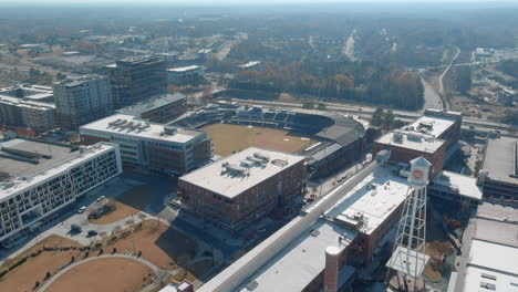 Aerial-Of-Durham-City-Iconic-Bulls-Stadium-And-American-Tobacco-Campus