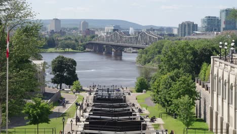 Rideau-Canal-Locks-leading-to-Ottawa-River-on-a-sunny-summer-day---4K-slow-motion