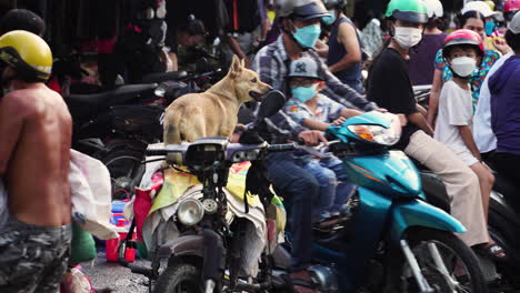 Concurrida-Calle-Caótica-En-Vietnam,-Tráfico-De-Ciclomotores-Y-Gente-Caminando-Con-Máscaras-Durante-La-Pandemia-De-Covid-19