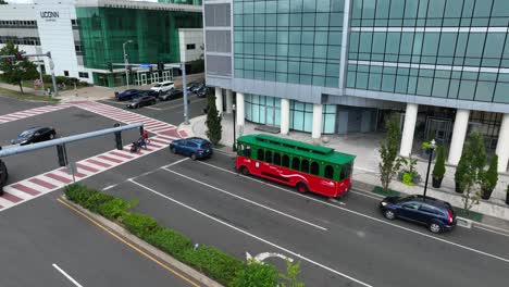 Trolley-bus-in-downtown-Stamford-CT