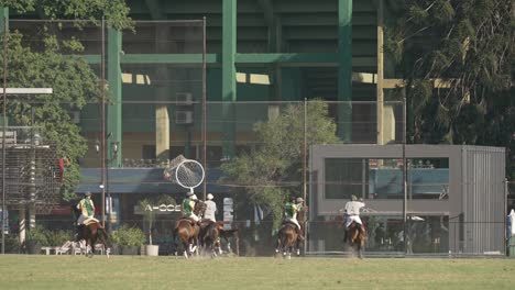 Rider-on-horseback-throws-ball-into-netted-hoop-to-score-goal,-Pato