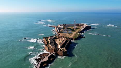 Aerial-view-of-the-Castillo-de-San-Sebastian-in-Cadiz,-Spain