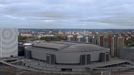 Aerial-Rise-Up-Shot-Of-Friends-Arena-National-Stadium,-Sweden