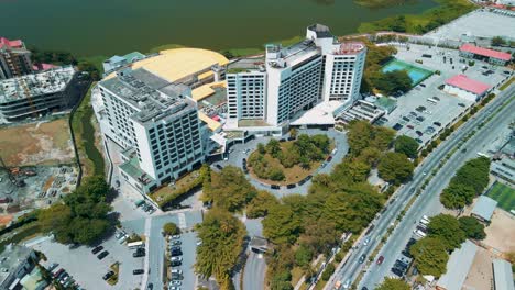 Victoria-Island-Lagos,-Nigeria---24-June-2021:-Drone-view-of-the-biggest-hotel-in-Lagos-Nigeria---Eko-hotels-and-suites