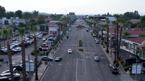 Antena-Sobre-Ventura-Blvd,-Letrero-De-Encino-Commons-Alrededor-De-Negocios