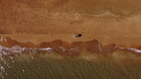 Person-walks-on-the-beach-shore,-top-view-from-drone