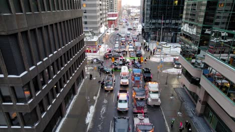 Drone-shot-of-Freedom-Trucker-Rally-on-Slater-Street-in-Ottawa,-Ontario-on-January-30,-2022-during-the-COVID-19-pandemic