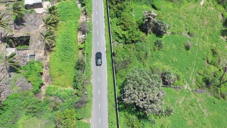 Luftaufnahmen-Eines-Schwarzen-Luxusautos-Auf-Einer-Betonstraße,-Das-Durch-Viel-Grün-Und-Wenige-Gebäude-Fährt,-Landschaft,-Leere-Straßen,-Kokospalmen-Und-üppiges-Tiefes-Grün,-Lange-Gerade-Straßen,-Farbenfrohe-Landschaft