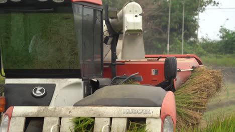 Granjero-De-Primer-Plano-Conduciendo-Una-Máquina-Cosechadora-De-Arroz-Multifuncional-En-Un-Campo-De-Arroz-Dorado-Maduro-Hacia-La-Cámara,-Cultivando-Cultivos-Saludables-Durante-La-Temporada-De-Cosecha-En-Douliu-Yunlin-Taiwán