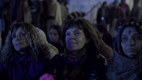 Foreigners-Pilgrims-at-Gangotri-Temple-or-Dham-Uttarakhand-India,-enjoying-Ganga-Aarti