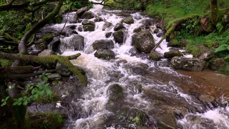 The-Poulanass-river-tumbles-over-boulders-at-the-top-of-the-water-falls-in-Wicklow-National-Park,-Ireland