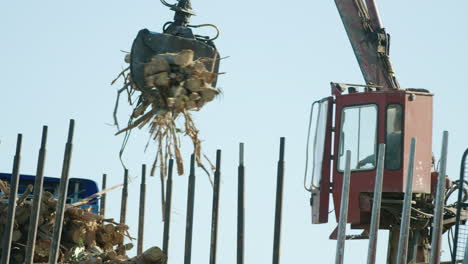 Crane-with-claw-arm-lifts-and-drops-eucalyptus-logs-on-truck,-60fps