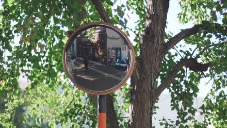 Vista-De-La-Calle-A-Través-De-Un-Reflejo-De-Espejo-En-Tokio,-Japón-Con-Un-árbol-Frondoso-En-El-Fondo---Cerrar-Cámara-Lenta