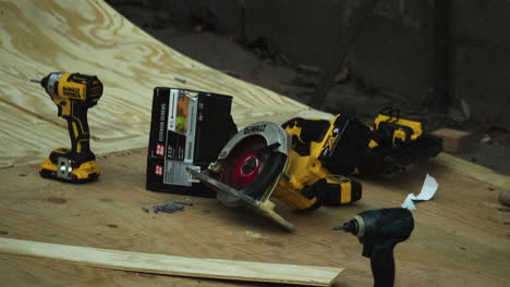 Dewalt-tool-kit-for-construction-laying-around-closeup